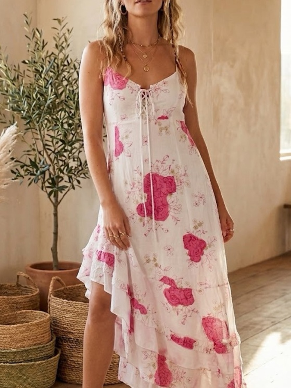 White Maxi Dress with Pink Floral Print